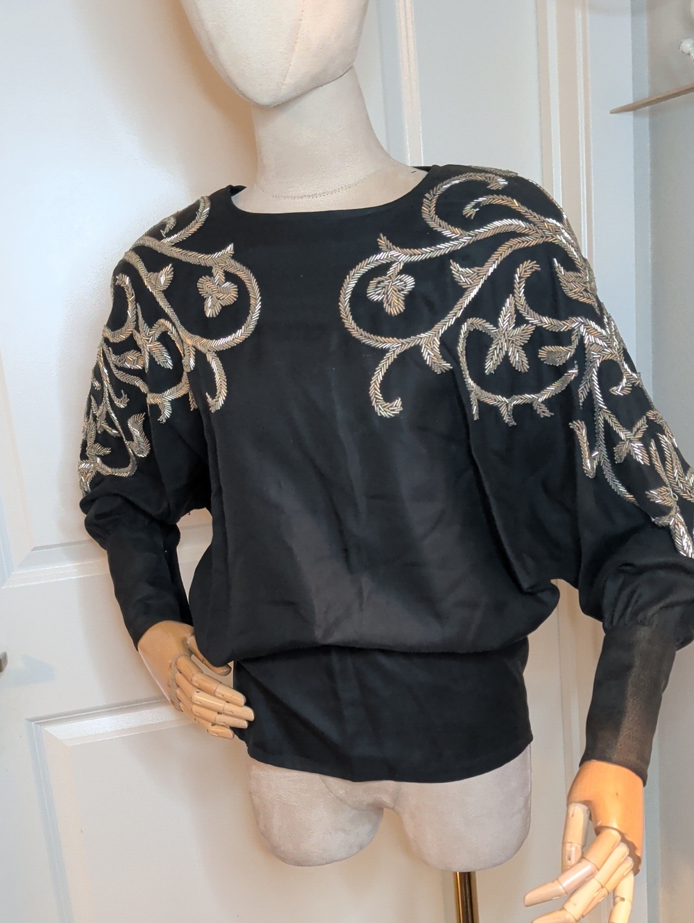Vintage 80s Bonnie Boerer Black & Silver Beaded Blouse Silk Doleman Sleeve Sz S